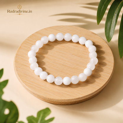 White Agate Bracelet 8MM Beads crafted with natural Blue Agate gemstones and official Lab Certificate by Rudra Divine for emotional balance, protection, and spiritual wellness.