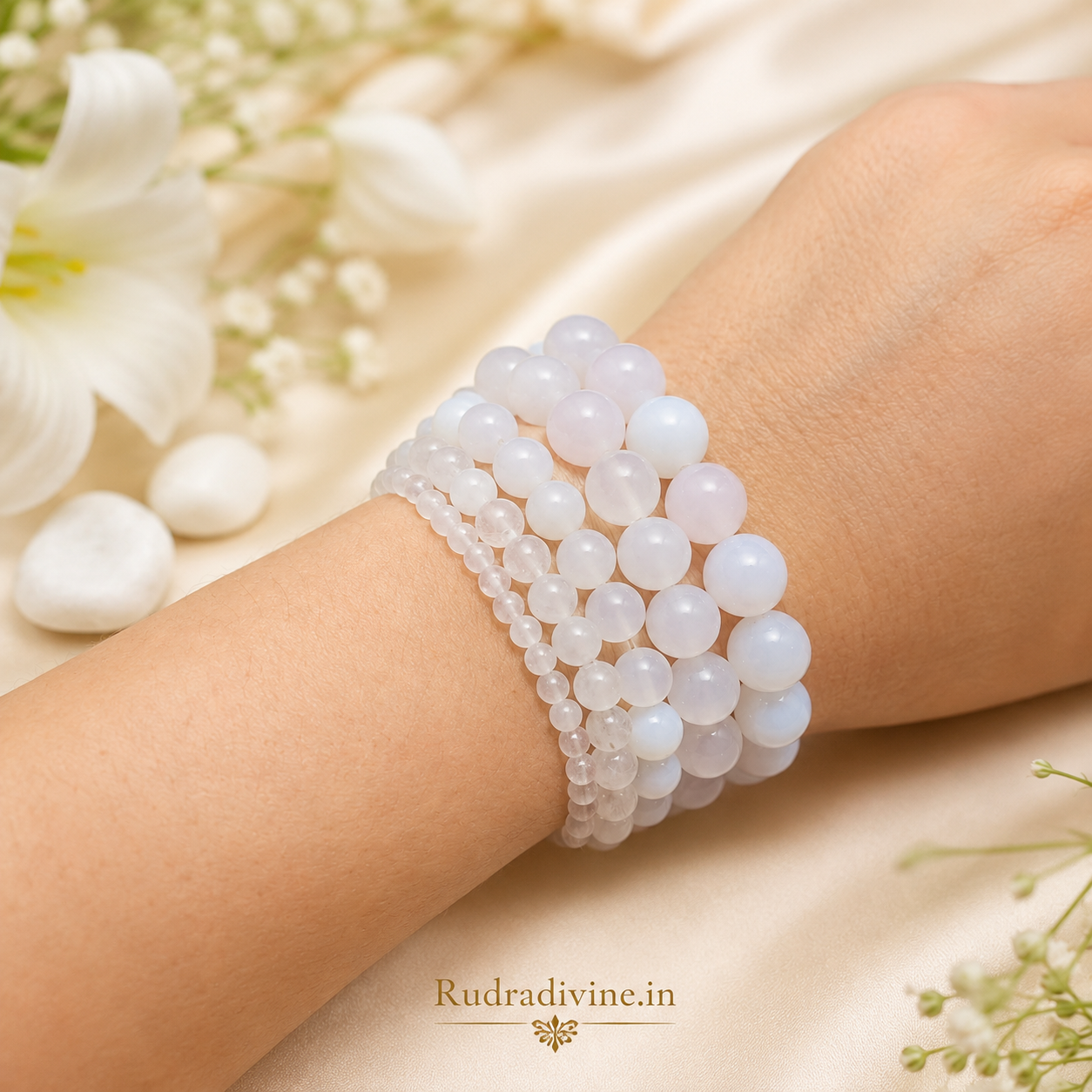 White Agate Bracelet 8MM Beads crafted with natural Blue Agate gemstones and official Lab Certificate by Rudra Divine for emotional balance, protection, and spiritual wellness.