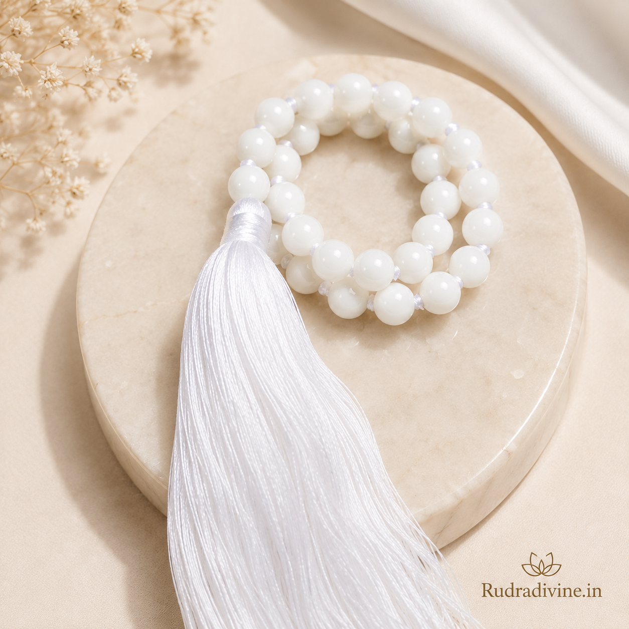 White Agate Mala 27+1 Beads crafted with natural 8mm White Agate gemstones and official Lab Certificate by Rudradivine.in for confidence, protection and meditation