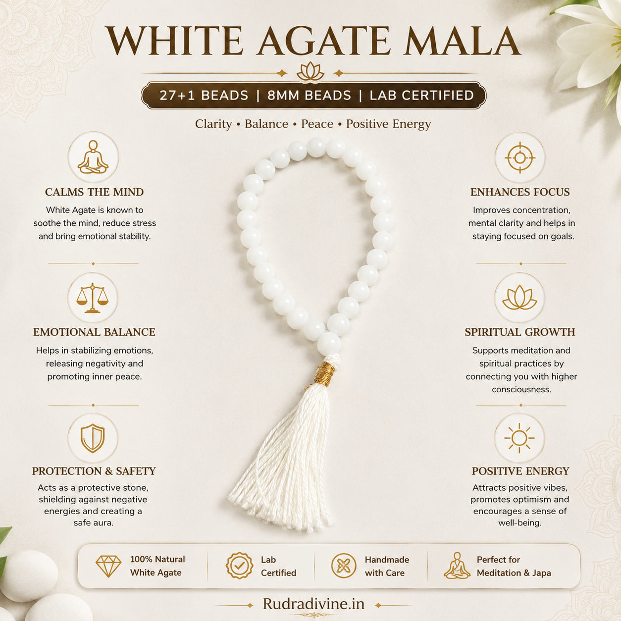 White Agate Mala 27+1 Beads crafted with natural 8mm White Agate gemstones and official Lab Certificate by Rudradivine.in for confidence, protection and meditation