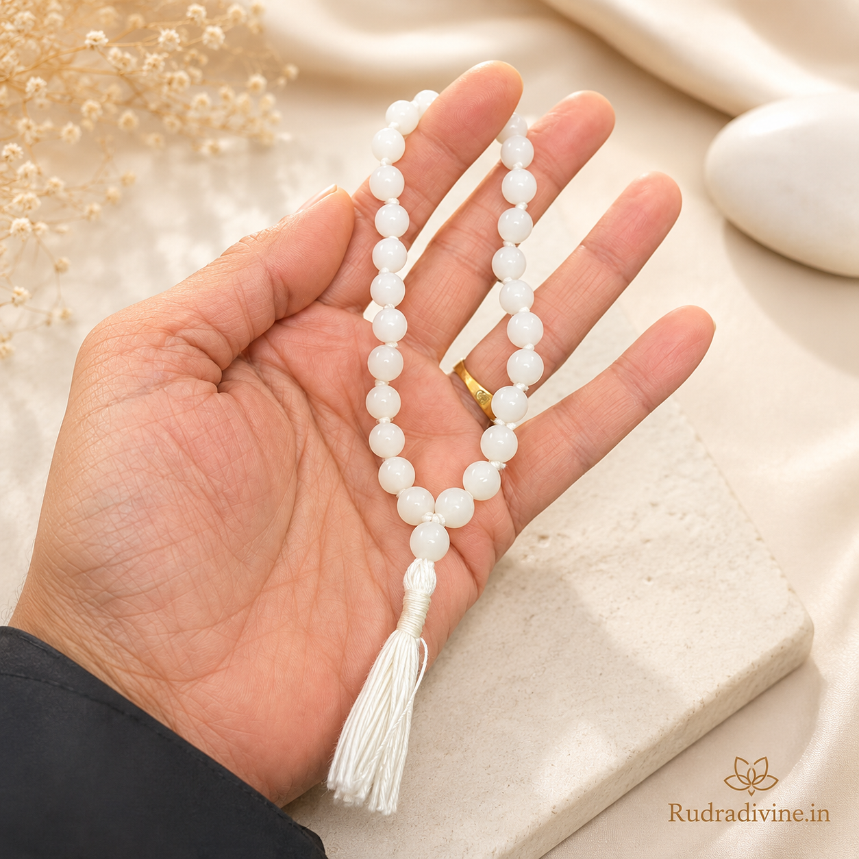 White Agate Mala 27+1 Beads crafted with natural 8mm White Agate gemstones and official Lab Certificate by Rudradivine.in for confidence, protection and meditation