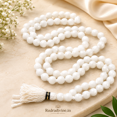 Lab Certified White Agate Mala 54+1 Beads 8mm crafted from natural White Agate gemstones by Rudradivine for meditation, mantra chanting and spiritual wellness.