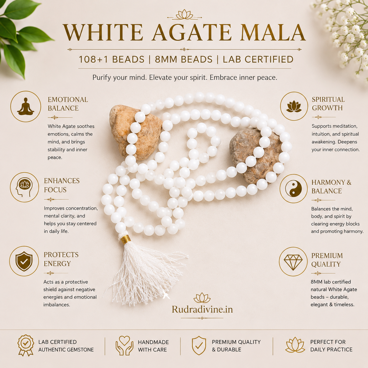Lab Certified White Agate Mala 108+1 Beads 8mm crafted from natural White Agate gemstones by Rudradivine for meditation, mantra chanting and spiritual wellness.