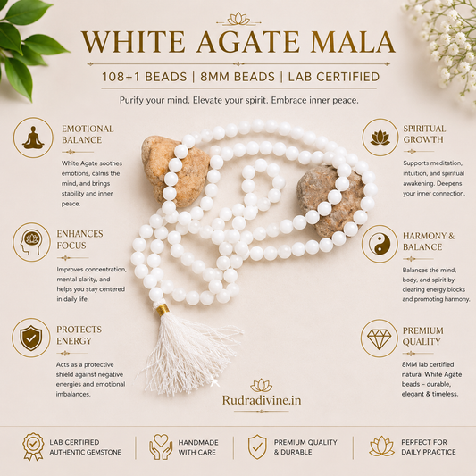 Lab Certified White Agate Mala 108+1 Beads 8mm crafted from natural White Agate gemstones by Rudradivine for meditation, mantra chanting and spiritual wellness.