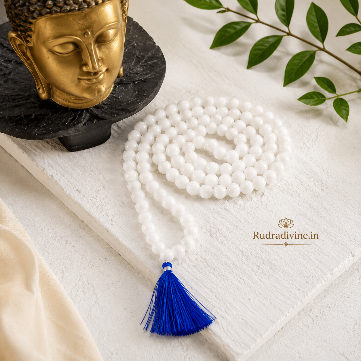 Lab Certified White Agate Mala 108+1 Beads 8mm crafted from natural White Agate gemstones by Rudradivine for meditation, mantra chanting and spiritual wellness.