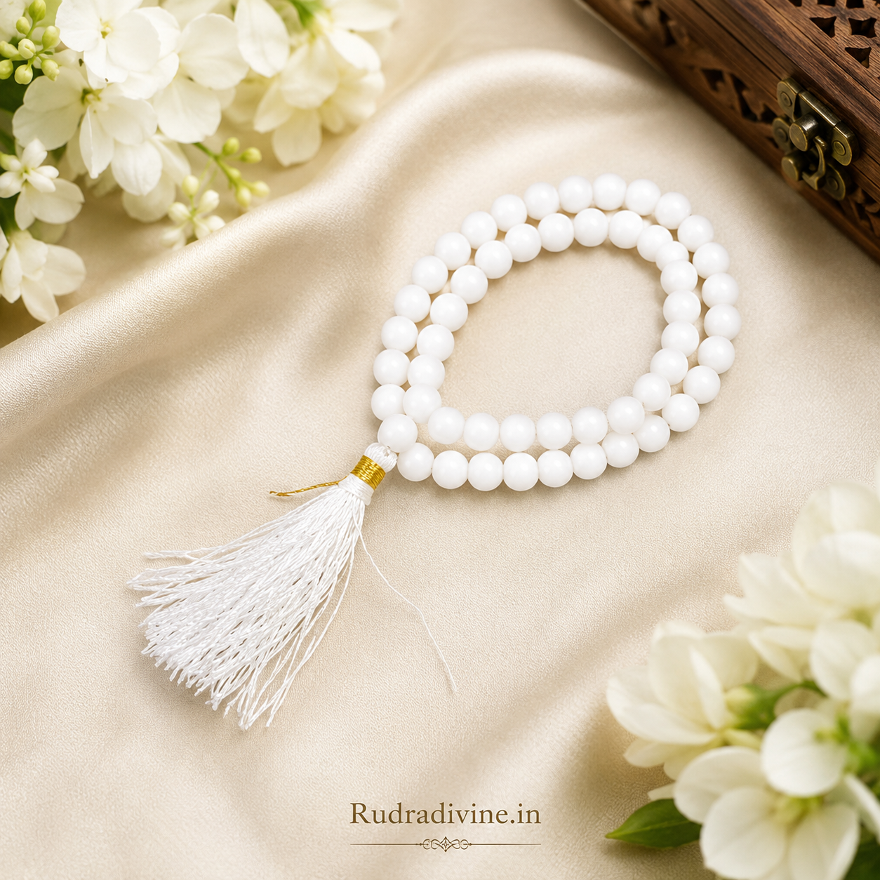 White Agate Mala 54+1 Beads crafted with natural 8MM White Agate gemstones and official Lab Certificate by Rudra Divine for meditation, mantra chanting and spiritual wellness.