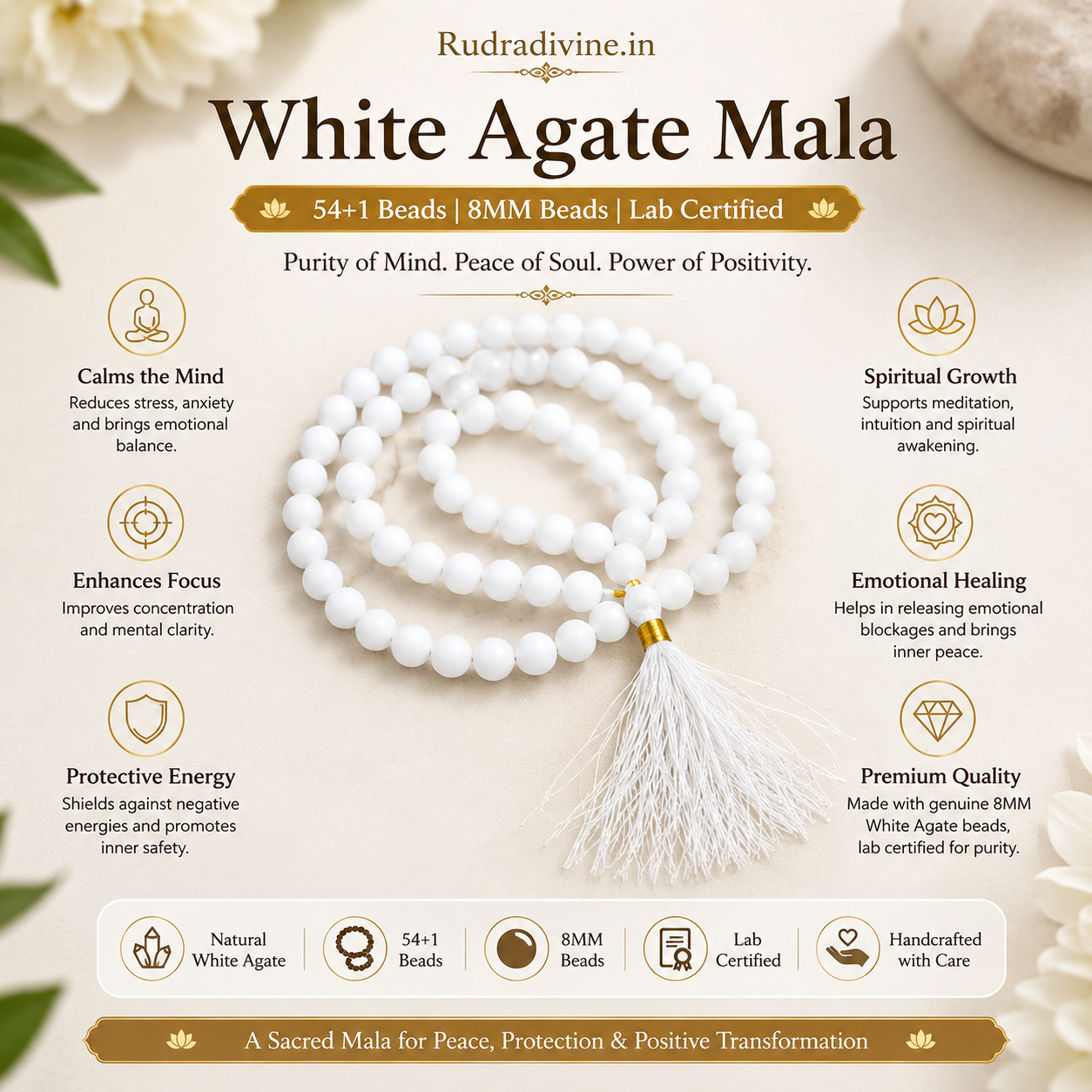 White Agate Mala 54+1 Beads crafted with natural 8MM White Agate gemstones and official Lab Certificate by Rudra Divine for meditation, mantra chanting and spiritual wellness.