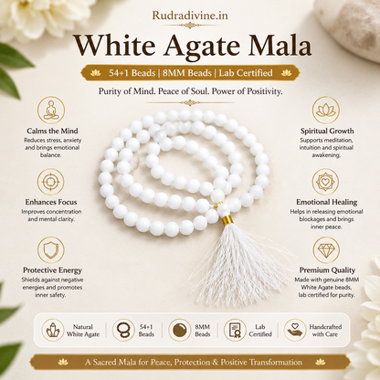 White Agate Mala 54+1 Beads crafted with natural 8MM White Agate gemstones and official Lab Certificate by Rudra Divine for meditation, mantra chanting and spiritual wellness.