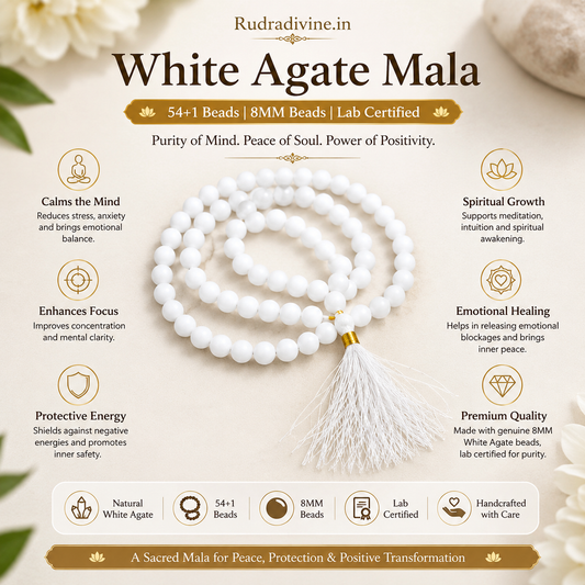 White Agate Mala 54+1 Beads crafted with natural 8MM White Agate gemstones and official Lab Certificate by Rudra Divine for meditation, mantra chanting and spiritual wellness.