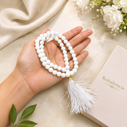 White Agate Mala 54+1 Beads crafted with natural 8MM White Agate gemstones and official Lab Certificate by Rudra Divine for meditation, mantra chanting and spiritual wellness.