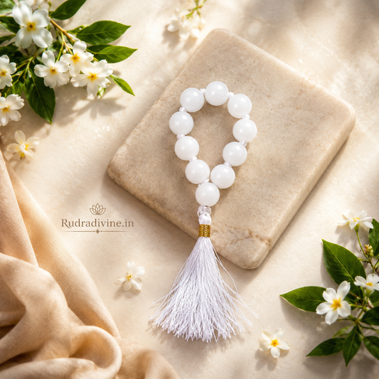 White Agate Mala 9+1 Beads crafted with natural 8mm White Agate gemstones and official Lab Certificate by Rudradivine.in for confidence, protection and meditation