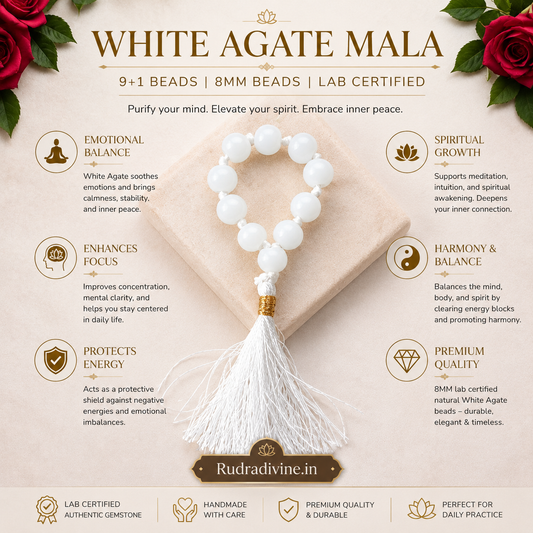 White Agate Mala 9+1 Beads crafted with natural 8mm White Agate gemstones and official Lab Certificate by Rudradivine.in for confidence, protection and meditation