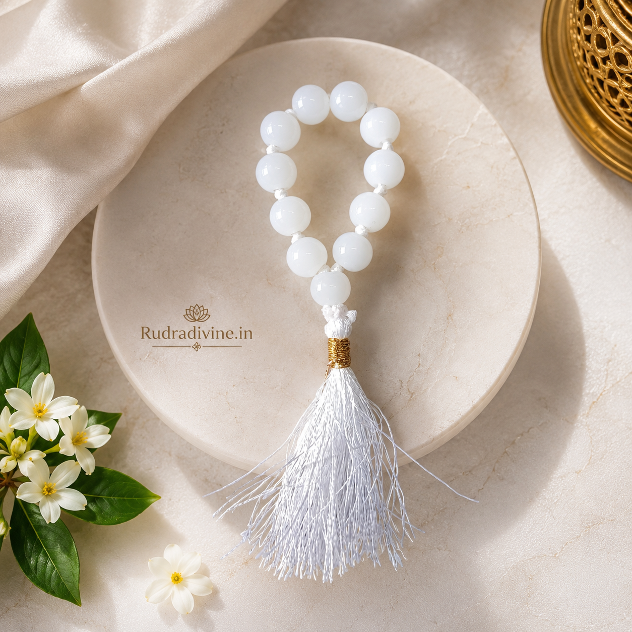 White Agate Mala 9+1 Beads crafted with natural 8mm White Agate gemstones and official Lab Certificate by Rudradivine.in for confidence, protection and meditation