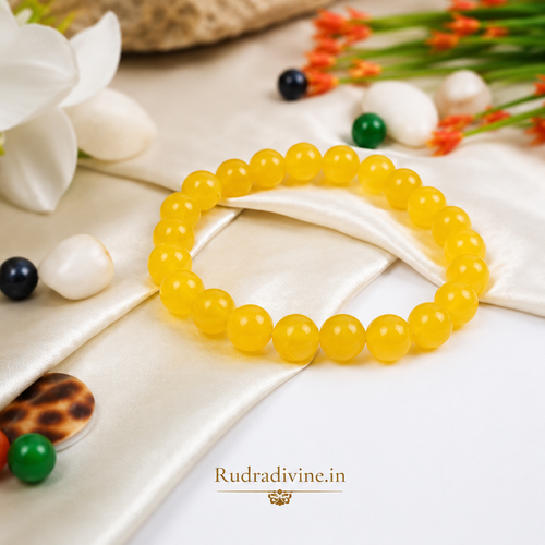 Yellow Agate Bracelet 8MM Beads crafted with natural Blue Agate gemstones and official Lab Certificate by Rudra Divine for emotional balance, protection, and spiritual wellness.