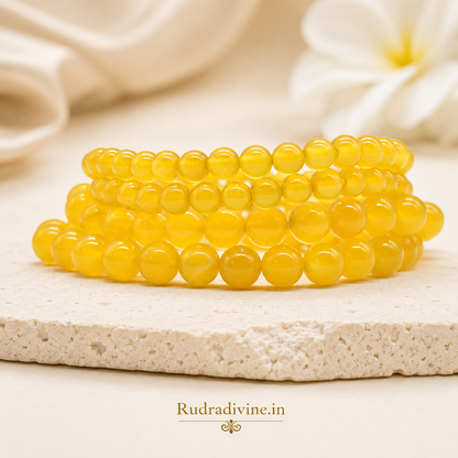 Yellow Agate Bracelet 8MM Beads crafted with natural Blue Agate gemstones and official Lab Certificate by Rudra Divine for emotional balance, protection, and spiritual wellness.
