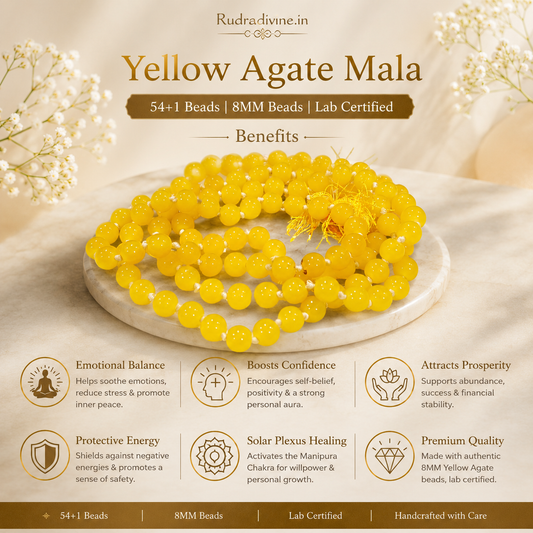 Yellow Agate Mala 54+1 Beads crafted with natural 8MM Pink Agate gemstones and official Lab Certificate by Rudra Divine for meditation, mantra chanting and spiritual wellness.