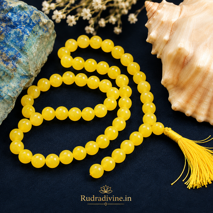Yellow Agate Mala 54+1 Beads crafted with natural 8MM Pink Agate gemstones and official Lab Certificate by Rudra Divine for meditation, mantra chanting and spiritual wellness.