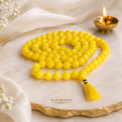 Yellow Agate Mala 54+1 Beads crafted with natural 8MM Pink Agate gemstones and official Lab Certificate by Rudra Divine for meditation, mantra chanting and spiritual wellness.