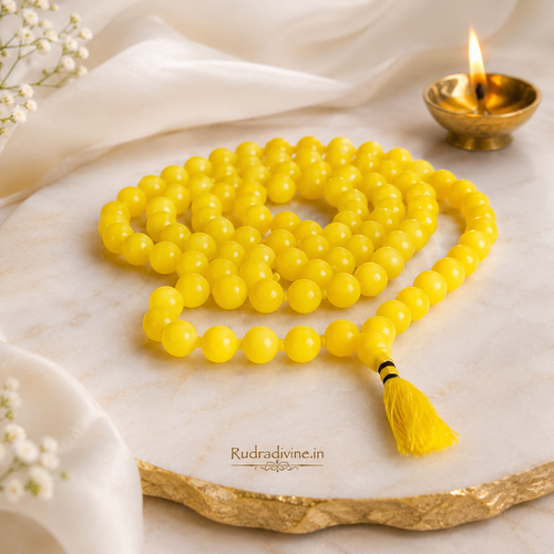 Yellow Agate Mala 54+1 Beads crafted with natural 8MM Pink Agate gemstones and official Lab Certificate by Rudra Divine for meditation, mantra chanting and spiritual wellness.