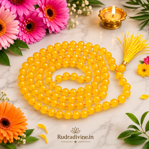 Yellow Agate Mala 108+1 Beads crafted with natural 8MM Yellow Agate gemstones and official Lab Certificate by Rudra Divine for meditation, mantra chanting and spiritual wellness.