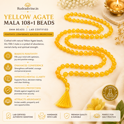Yellow Agate Mala 108+1 Beads crafted with natural 8MM Yelllow Agate gemstones and official Lab Certificate by Rudradvine for meditation, mantra chanting and spiritual wellness.