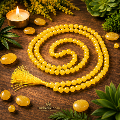 Yellow Agate Mala 108+1 Beads crafted with natural 8MM Yelllow Agate gemstones and official Lab Certificate by Rudradivine for meditation, mantra chanting and spiritual wellness.