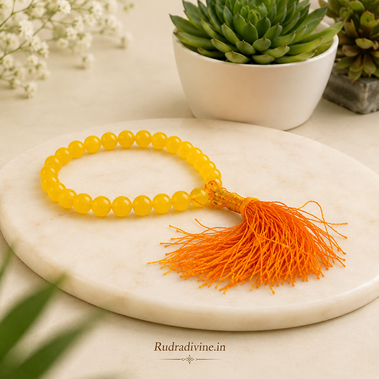 Yellow Agate Mala 27+1 Beads crafted with natural 8MM Pink Agate gemstones and official Lab Certificate by Rudra Divine for meditation, mantra chanting and spiritual wellness.