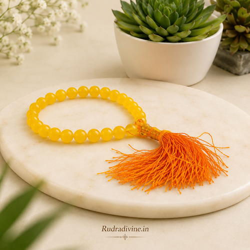 Yellow Agate Mala 27+1 Beads crafted with natural 8MM Pink Agate gemstones and official Lab Certificate by Rudra Divine for meditation, mantra chanting and spiritual wellness.