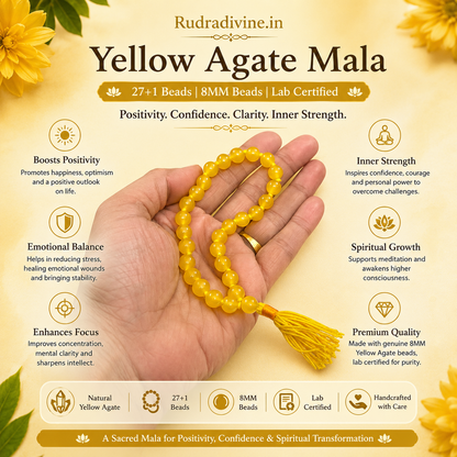Yellow Agate Mala 27+1 Beads crafted with natural 8MM Pink Agate gemstones and official Lab Certificate by Rudra Divine for meditation, mantra chanting and spiritual wellness.