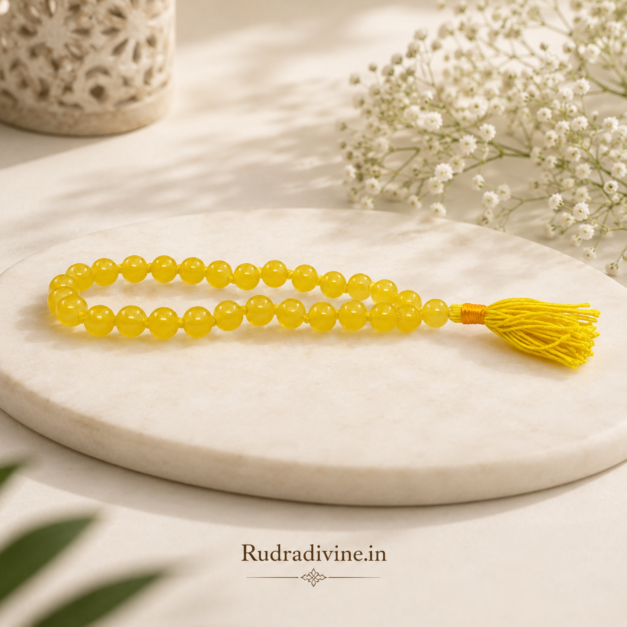 Yellow Agate Mala 27+1 Beads crafted with natural 8MM Pink Agate gemstones and official Lab Certificate by Rudra Divine for meditation, mantra chanting and spiritual wellness.