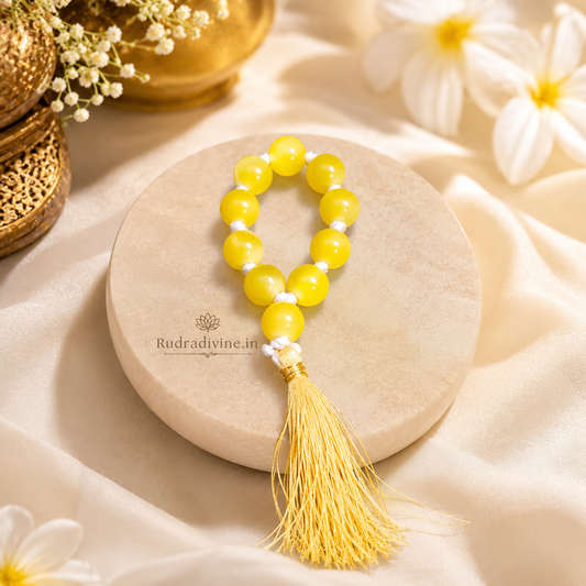Yellow Agate Mala 9+1 Beads crafted with natural 8mm Yellow Agate gemstones and official Lab Certificate by Rudradivine.in for confidence, protection and meditation
