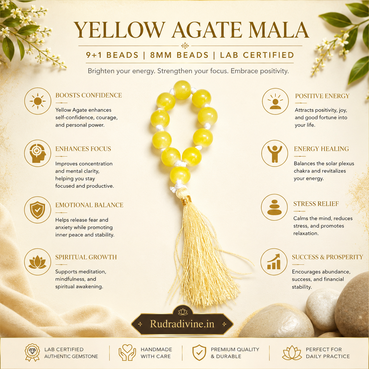 Yellow Agate Mala 9+1 Beads crafted with natural 8mm Yellow Agate gemstones and official Lab Certificate by Rudradivine.in for confidence, protection and meditation