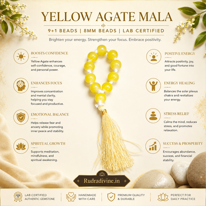 Yellow Agate Mala 9+1 Beads crafted with natural 8mm Yellow Agate gemstones and official Lab Certificate by Rudradivine.in for confidence, protection and meditation