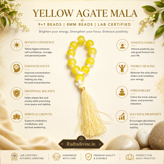 Yellow Agate Mala 9+1 Beads crafted with natural 8mm Yellow Agate gemstones and official Lab Certificate by Rudradivine.in for confidence, protection and meditation