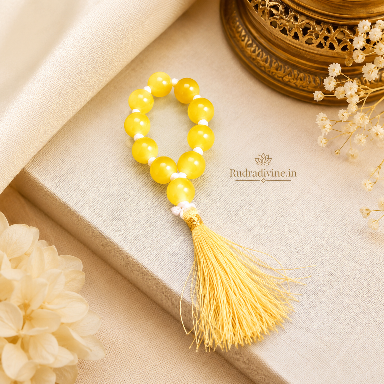 Yellow Agate Mala 9+1 Beads crafted with natural 8mm Yellow Agate gemstones and official Lab Certificate by Rudradivine.in for confidence, protection and meditation