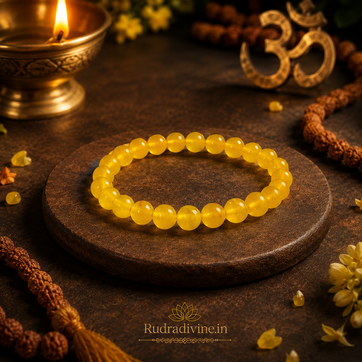 Yellow ONYX Bracelet with natural 8MM beads and official Lab Certificate by Rudradivine, traditionally associated with strength, stability, grounding and confidence.
