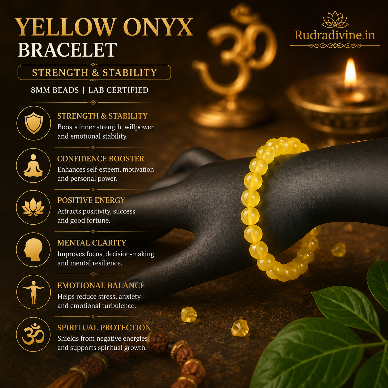 Yellow ONYX Bracelet with natural 8MM beads and official Lab Certificate by Rudradivine, traditionally associated with strength, stability, grounding and confidence.