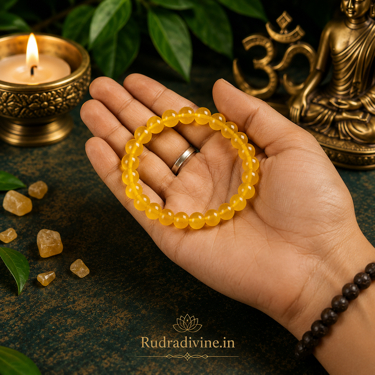 Yellow ONYX Bracelet with natural 8MM beads and official Lab Certificate by Rudradivine, traditionally associated with strength, stability, grounding and confidence.