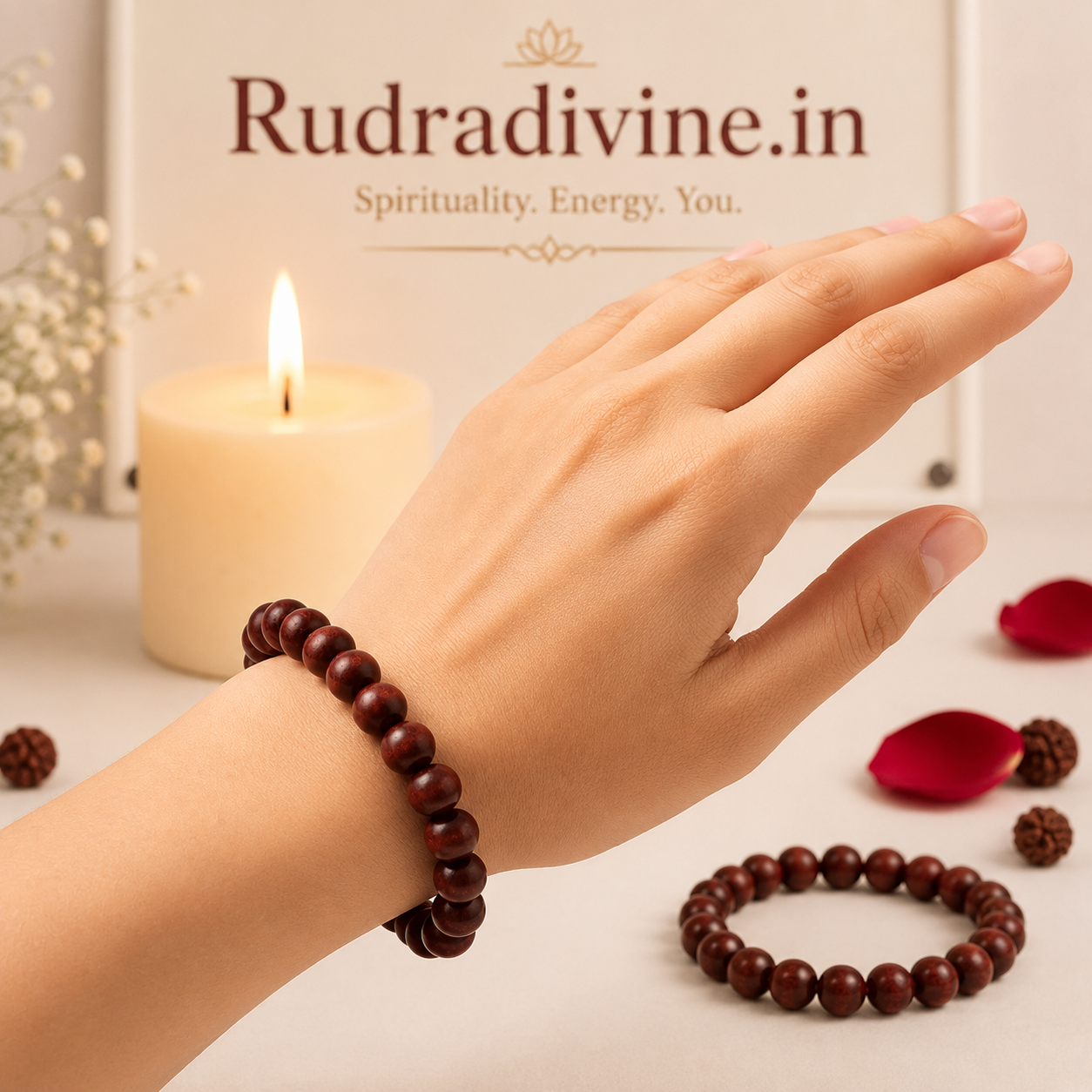 Lal Chandan (Red Sandalwood) Bracelet 8MM crafted with natural Red Sandalwood beads and official Lab Certificate by Rudradivine for meditation, devotion, inner peace, positive energy, and spiritual wellness.