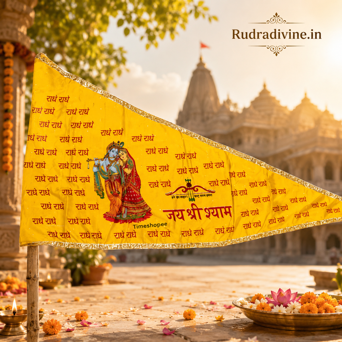 Large Jai Shri Shyam Flag 40X90 featuring Radha Krishna yellow Nishan design for Khatu Shyam Ji devotees, home temple, puja, mandir and religious events by Rudradivine.