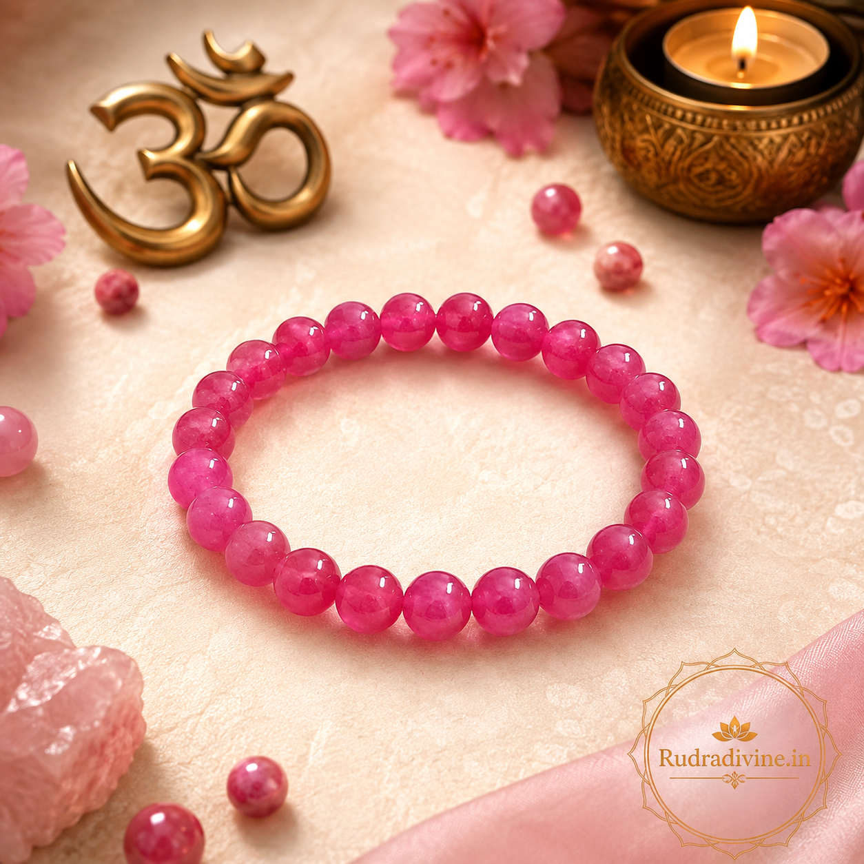 Light Pink Onyx Bracelet with 8MM natural gemstone beads, 100% original gemstone and official Lab Certificate by Rudradivine for spiritual wellness and everyday wear.