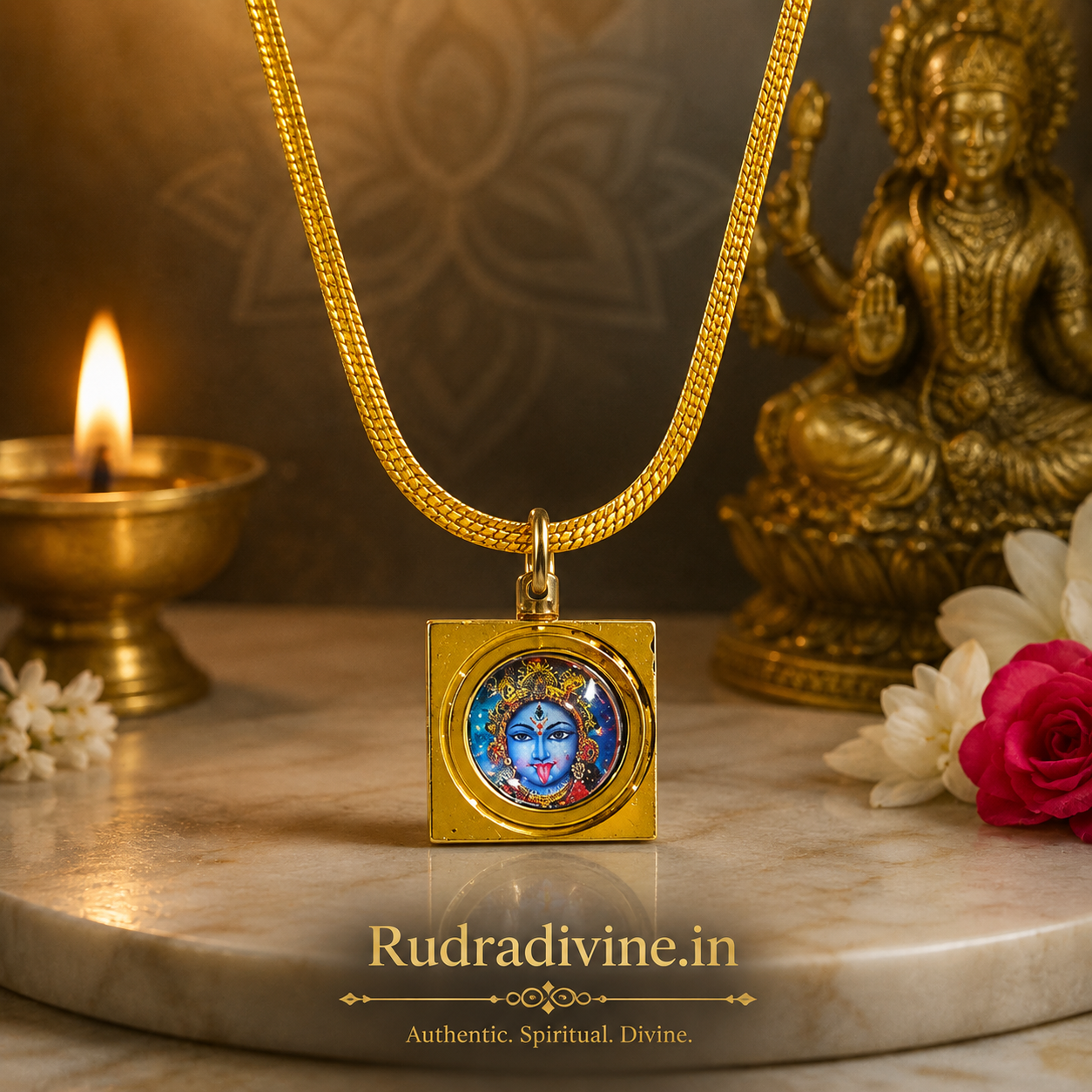 Maa Kali Locket with Vashikaran Yantra designed as a spiritual protection pendant inspired by Maa Kali, Shakti and sacred Yantra traditions by Rudradivine.