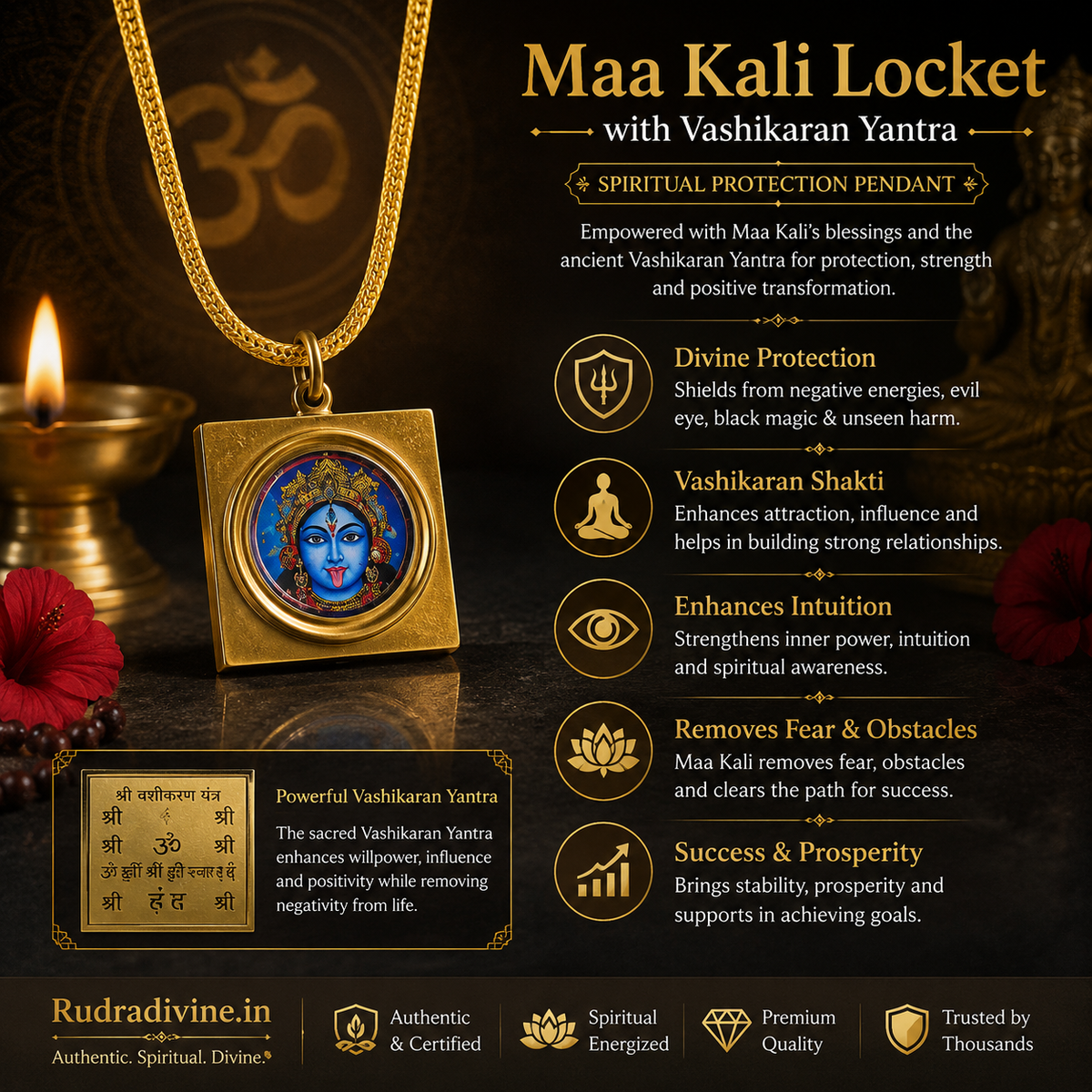 Maa Kali Locket with Vashikaran Yantra designed as a spiritual protection pendant inspired by Maa Kali, Shakti and sacred Yantra traditions by Rudradivine.