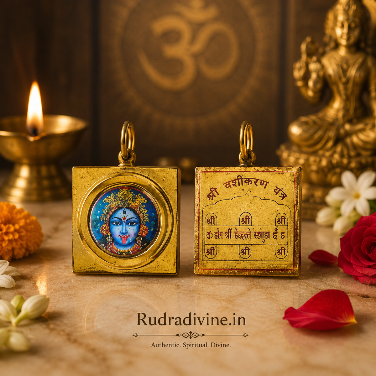 Maa Kali Locket with Vashikaran Yantra designed as a spiritual protection pendant inspired by Maa Kali, Shakti and sacred Yantra traditions by Rudradivine.
