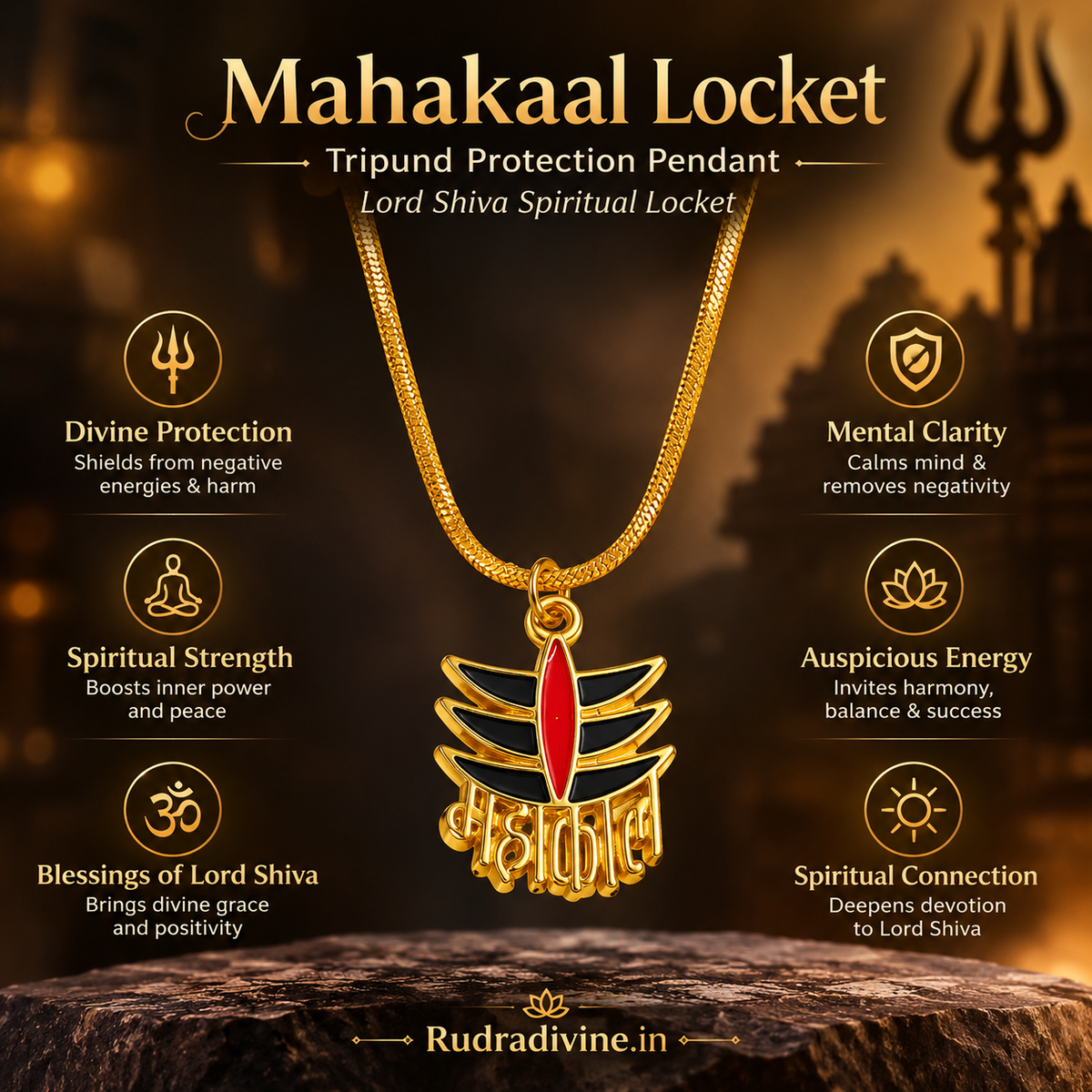 Mahakaal Locket with sacred Tripund design inspired by Lord Shiva, a spiritual protection pendant by Rudradivine for devotion, strength and spiritual practices.