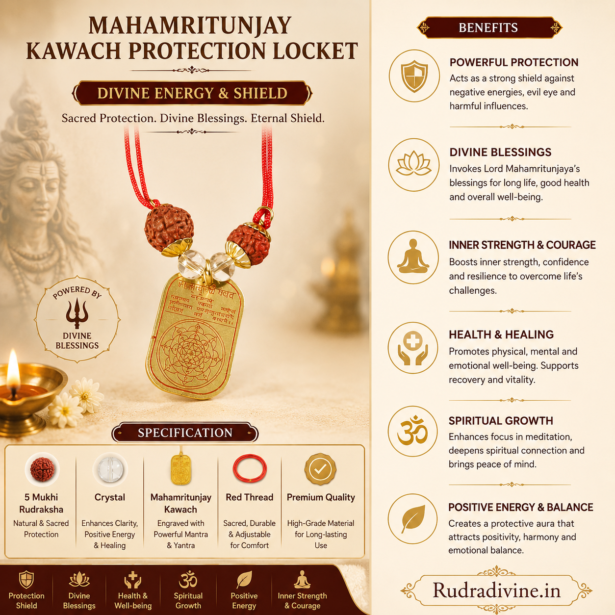 Mahamritunjay Kawach Protection Locket by Rudradivine, traditionally associated with Lord Shiva, divine blessings, spiritual protection, inner strength and devotion.