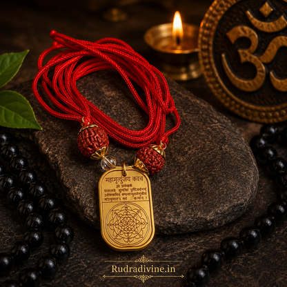 Mahamritunjay Kawach Protection Locket by Rudradivine, traditionally associated with Lord Shiva, divine blessings, spiritual protection, inner strength and devotion.