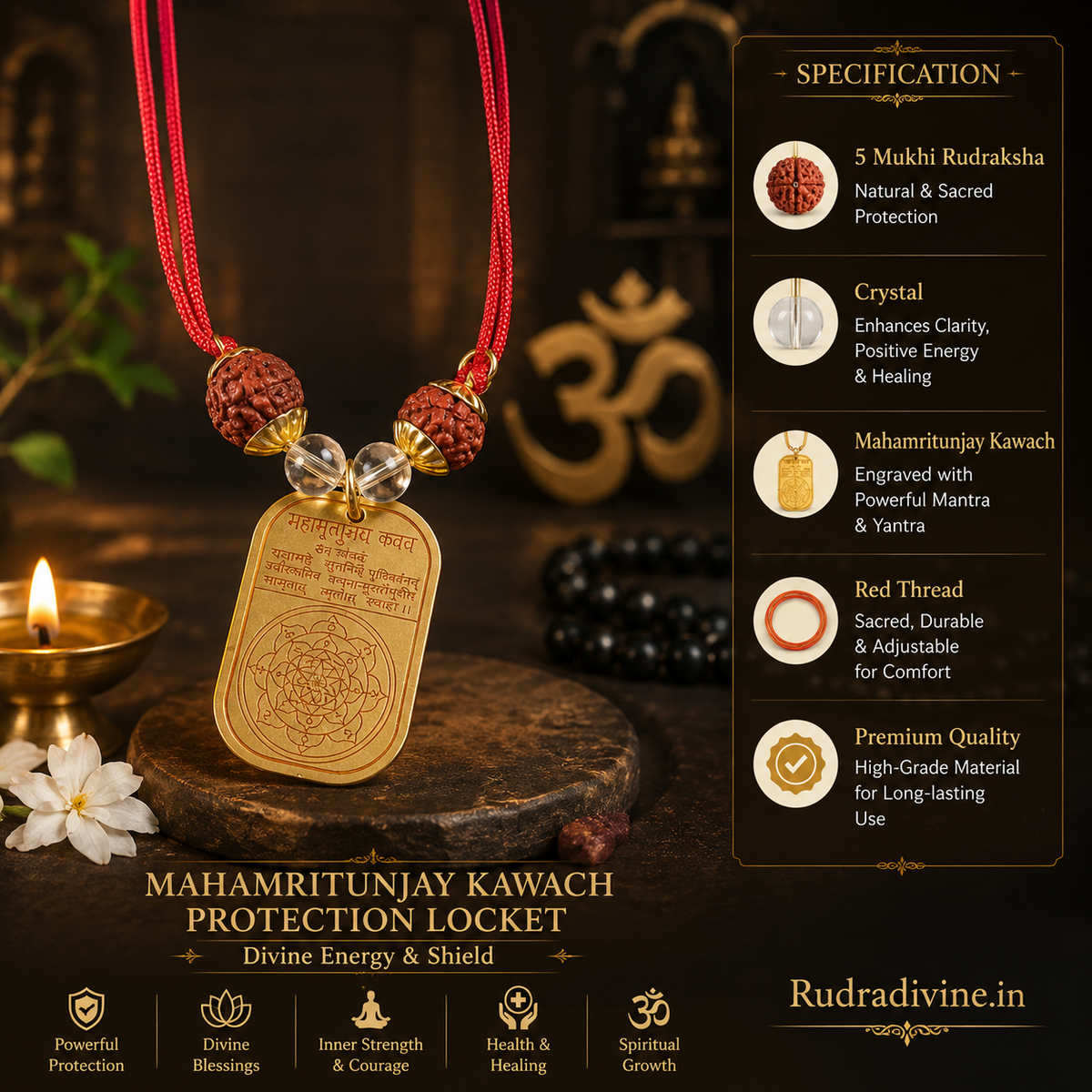 Mahamritunjay Kawach Protection Locket by Rudradivine, traditionally associated with Lord Shiva, divine blessings, spiritual protection, inner strength and devotion.