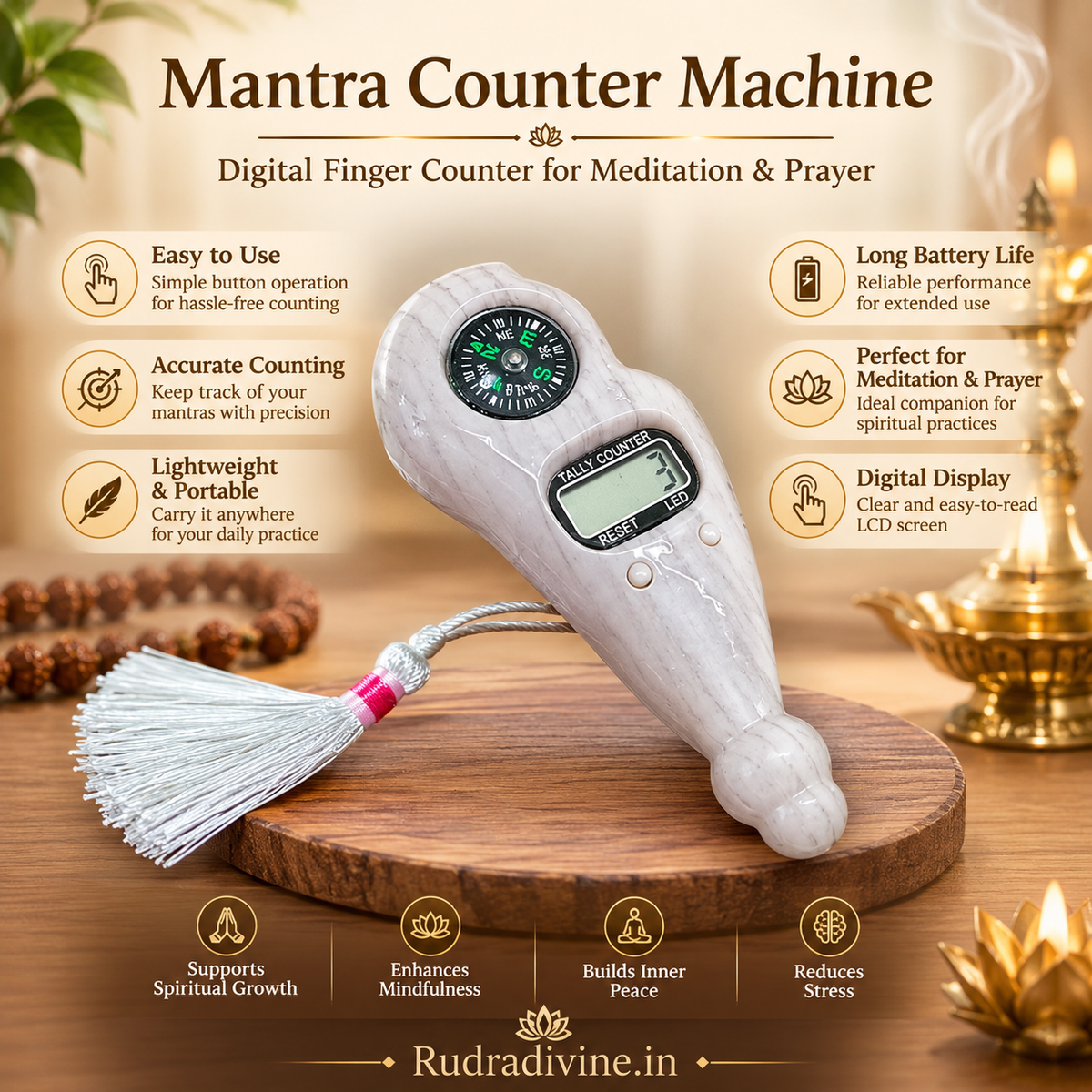 Mantra Counter Machine digital finger counter by Rudradivine for mantra japa, meditation, prayer counting and daily spiritual practice.