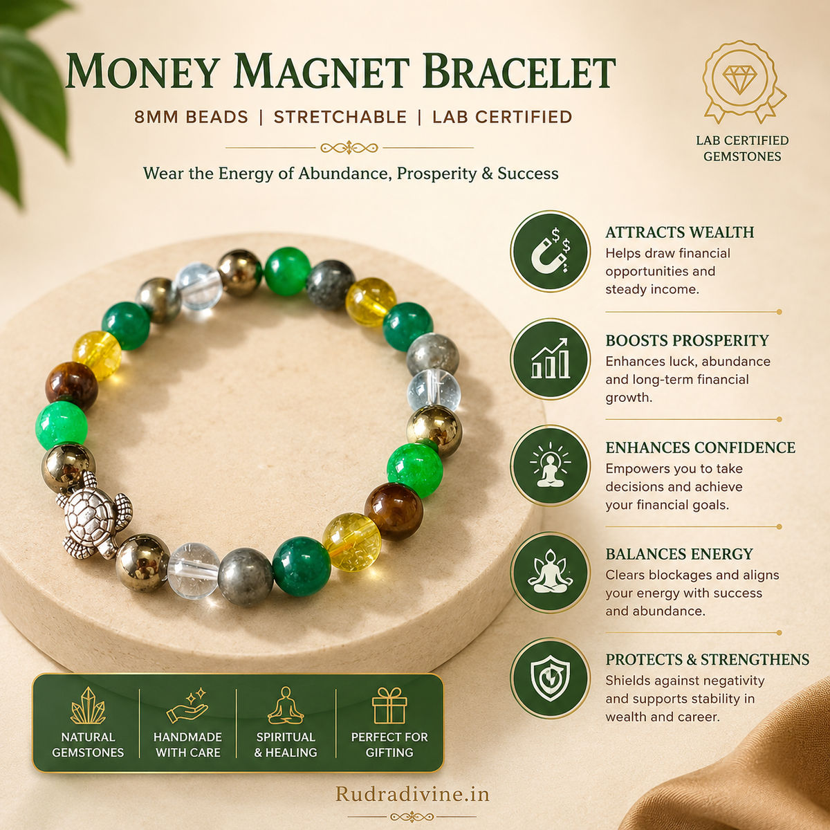 Money Magnet Bracelet 8MM stretchable beads with official Lab Certificate by Rudradivine, traditionally associated with wealth, prosperity, abundance and positive energy.
